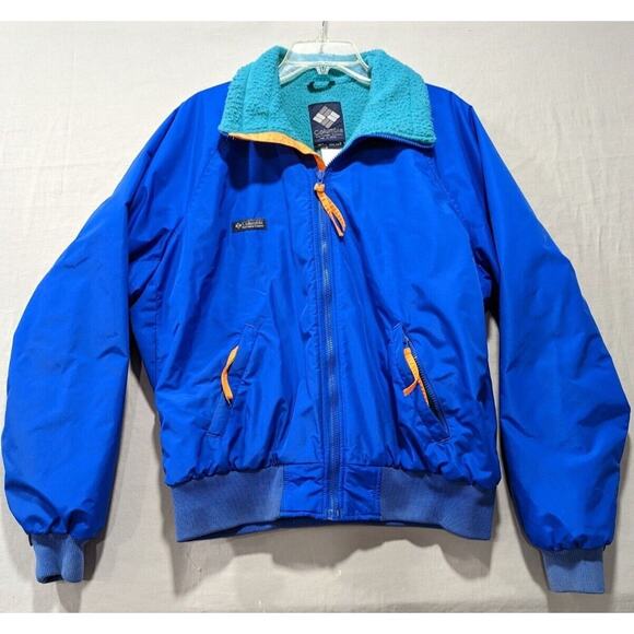 Vtg 90's Men's S COLUMBIA Jacket Radial Sleeve Fleece Lined Blue Orange Neon LGE - Picture 1 of 11